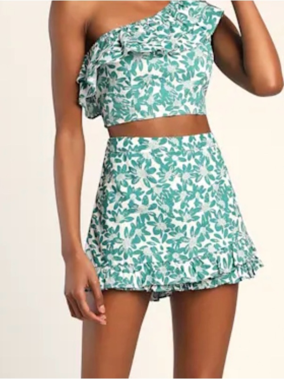 Lulus Green Floral One-Shoulder Crop Top & Mini Skort Set